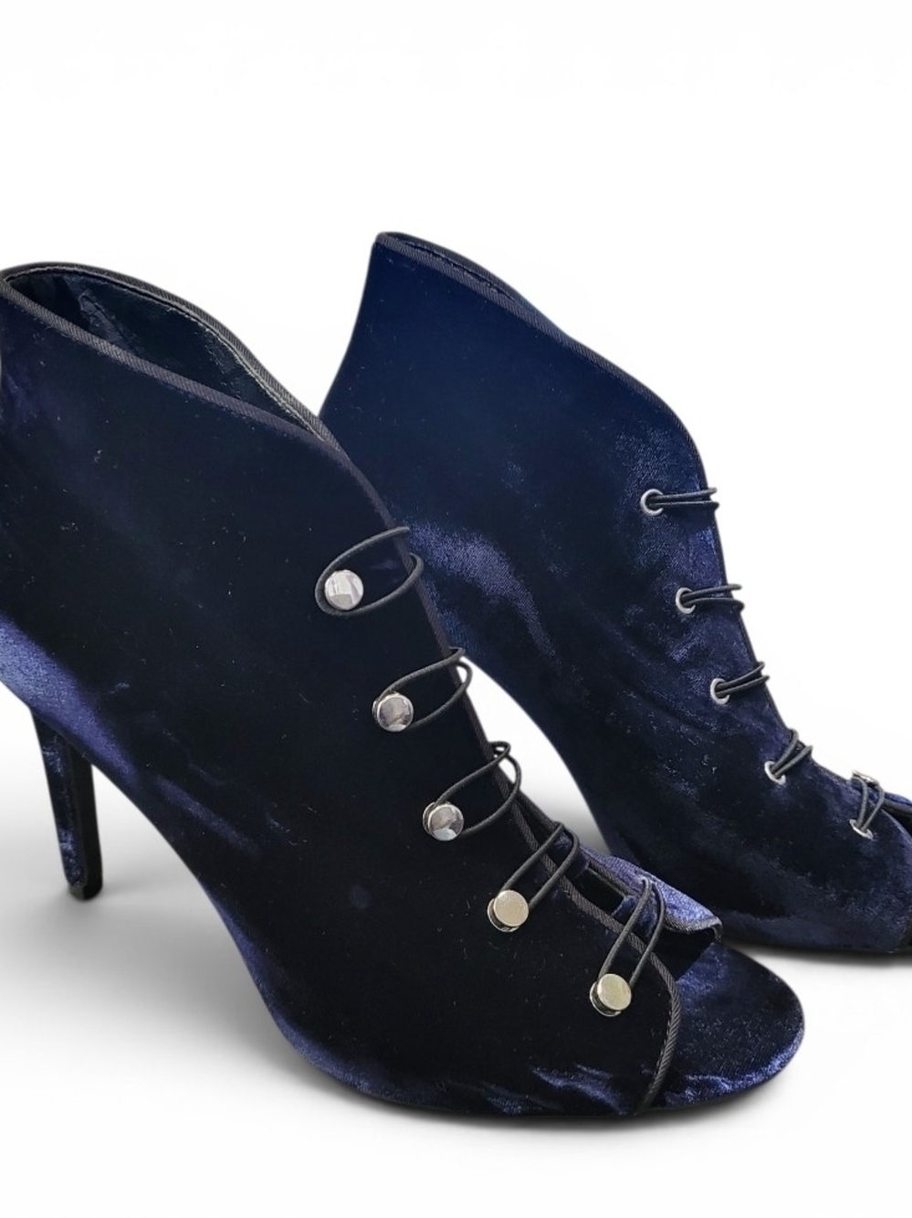 Enzo Angiolini Holliday Blue Velvet Peep Toe Loop Stud Booties Heels 8.5